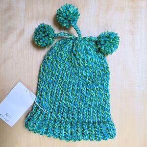 Hand knit green & teal hat beanie with pom poms kid size NEW